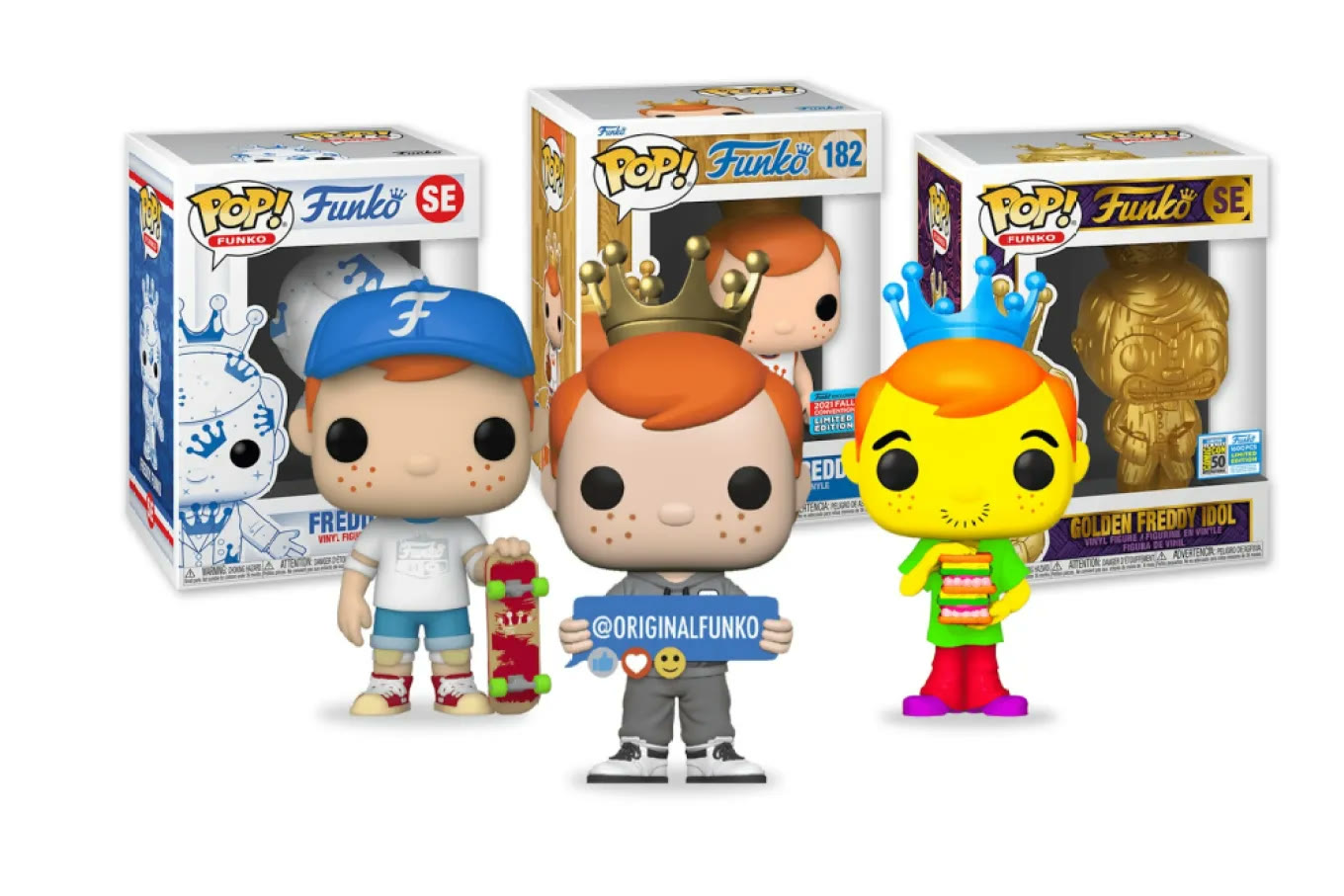 Three Funko Pop figures in boxes